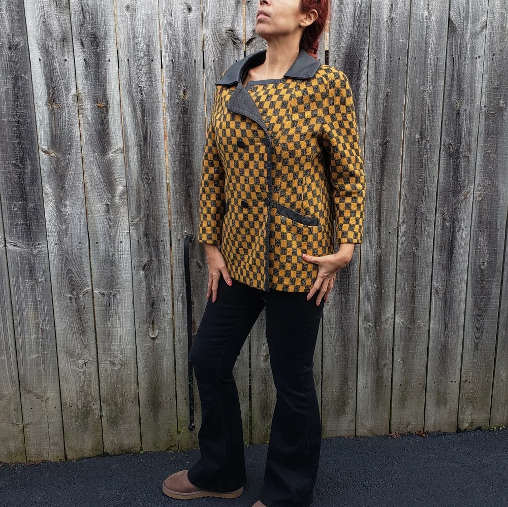 Vtg Mustard Yellow Wool & Grey Check Blend Double Breasted Moto Jacket Blazer L